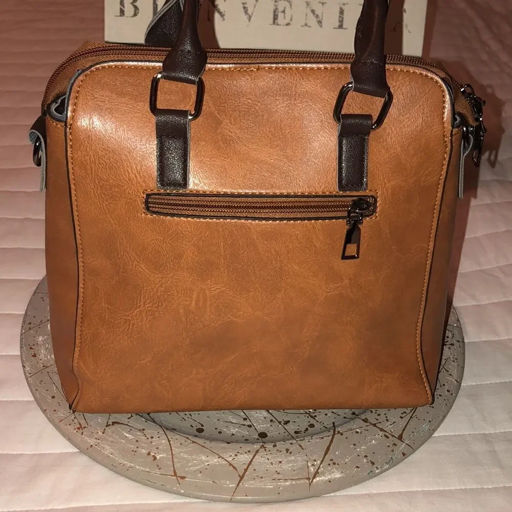 Faux Leather Satchel in Caramel Brown Combo with detailed zippers